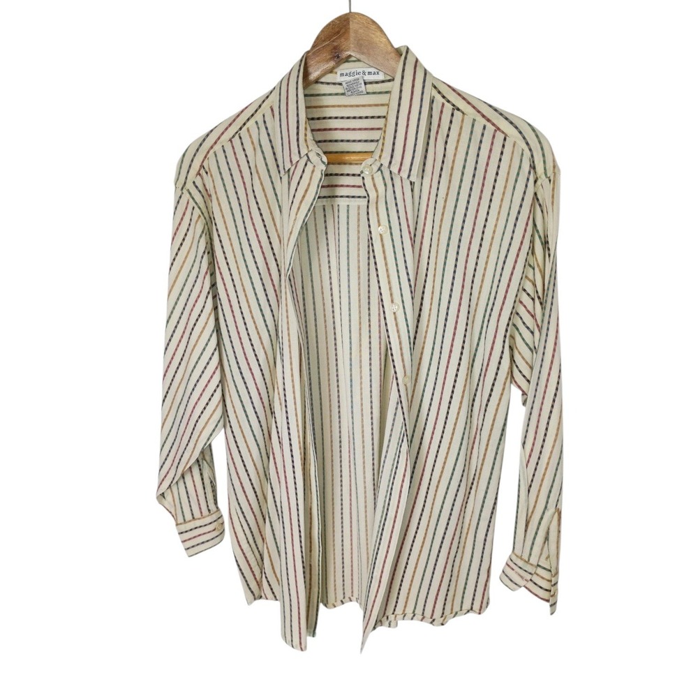Maggie & Max Vintage Multi Color Striped Button Down Shirt Cream Long Sleeve